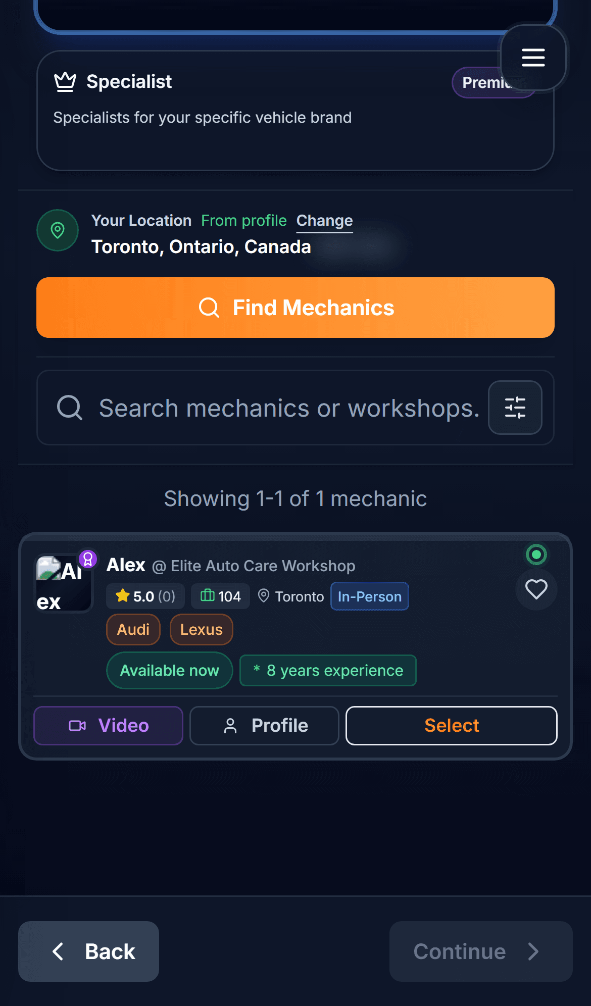 Mechanic selection step