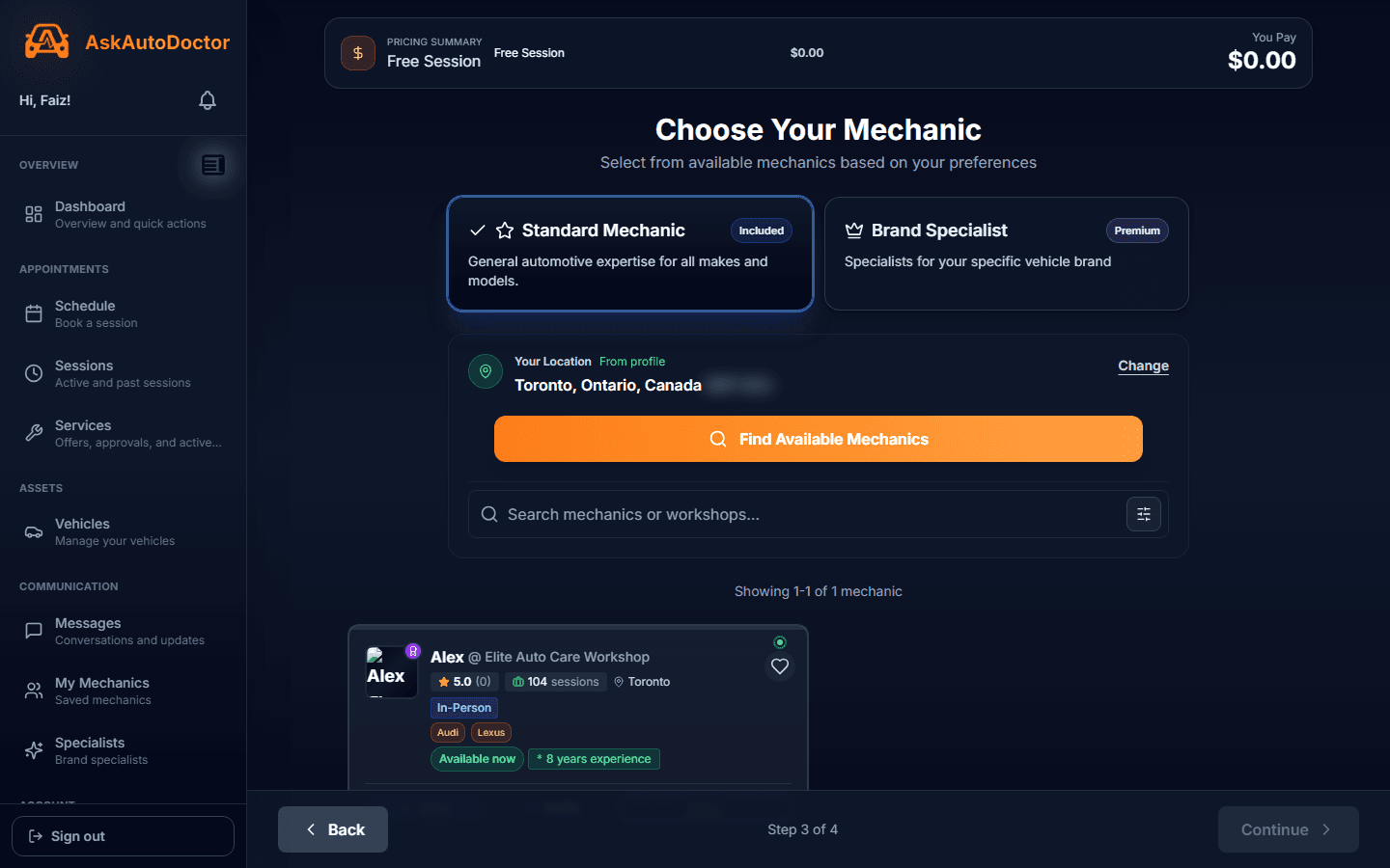 Mechanic selection step
